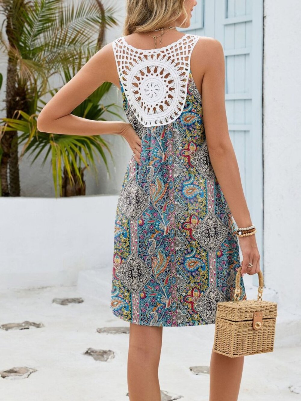 Bohemian Paisley Print V-Neck Crochet Back Mini Dress